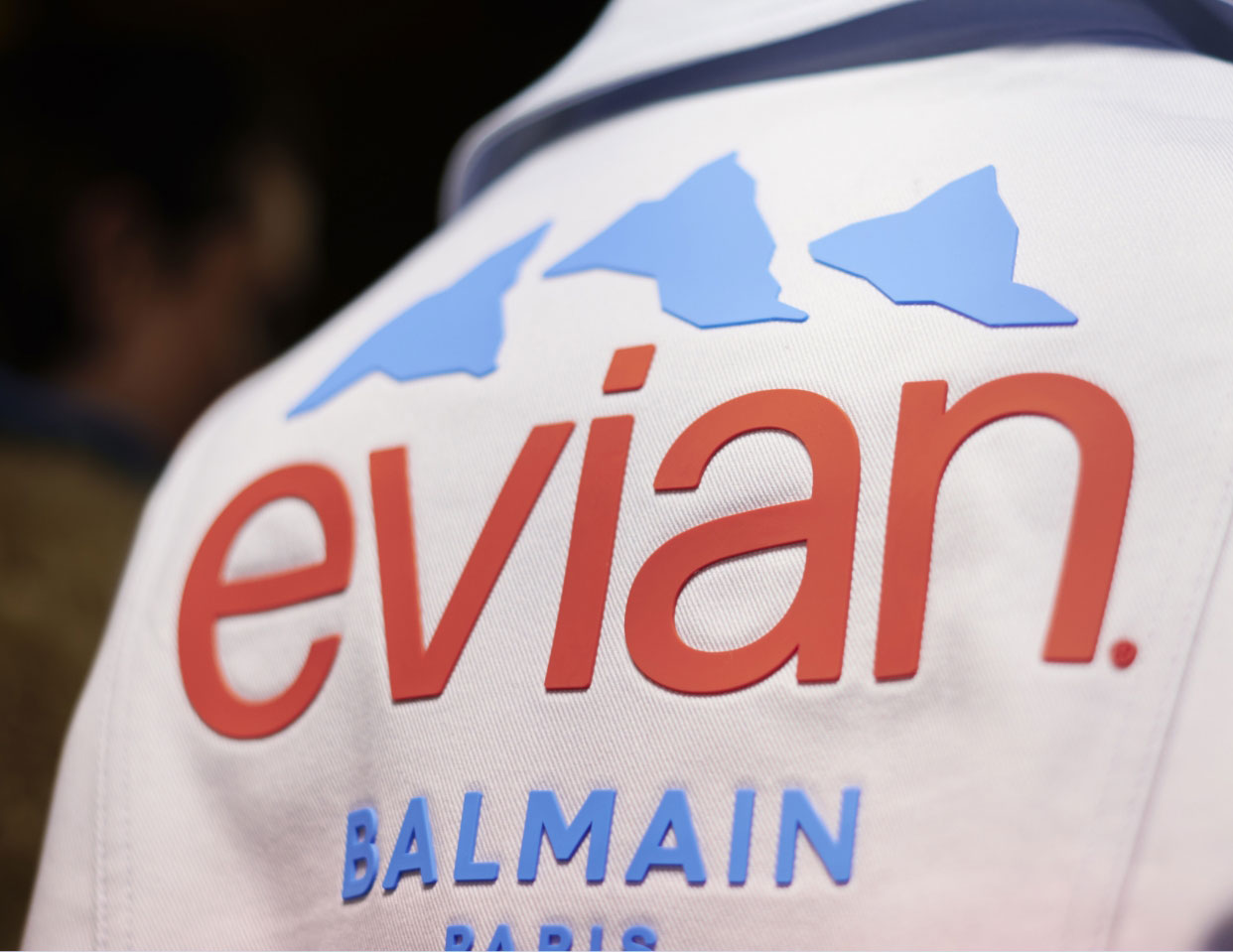 Back of jacket embellished with the iconic evian and Balmain logos