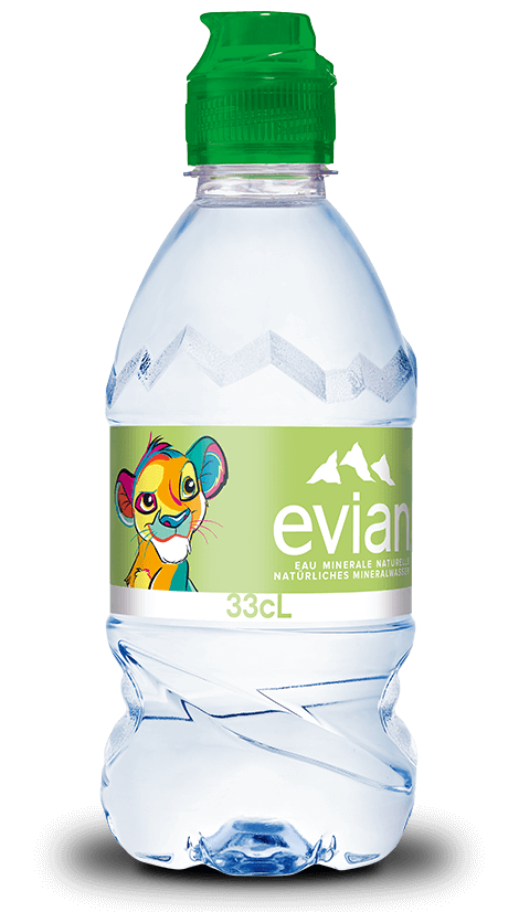 evian Simba Disney Wasserflasche für Kinder mit verspielteren Look und klassischen Tierfiguren 33cl 