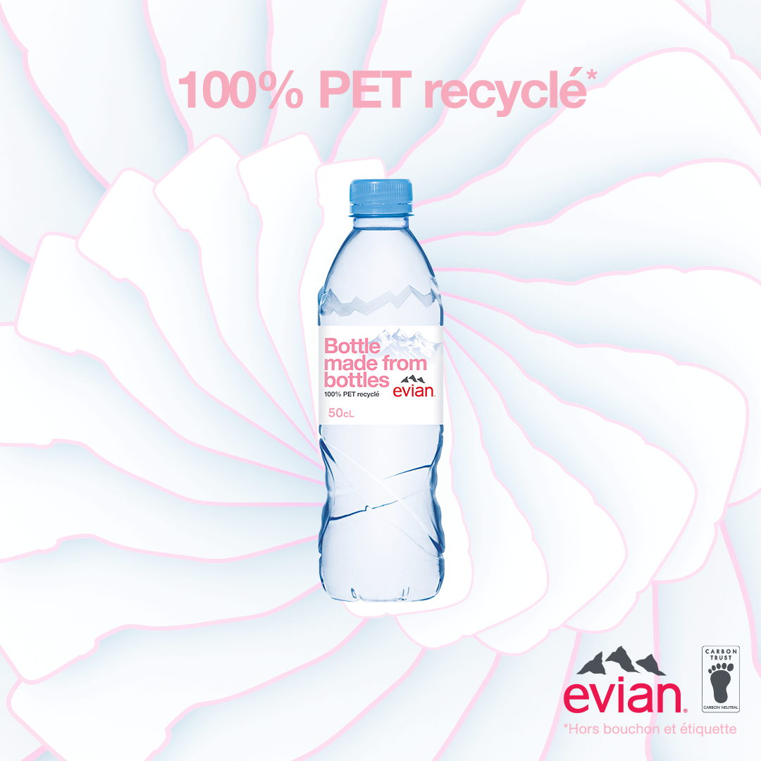 "100% PET recycle" Kampagne natürliches Mineralwasser evian