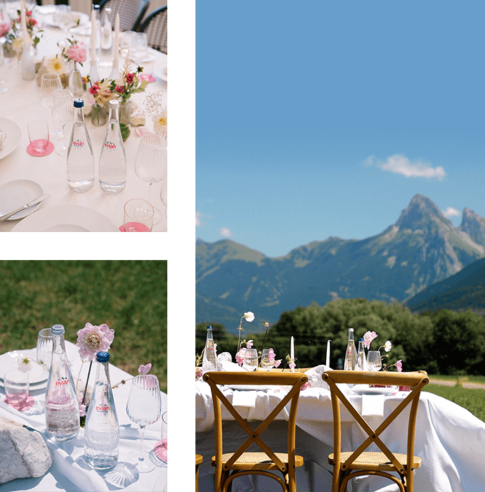 Three-picture collage. 1. Table with water bottles inside. 2. Table with evian®water bottles outside. Table with evian® water bottles in front of a mountain panorama.