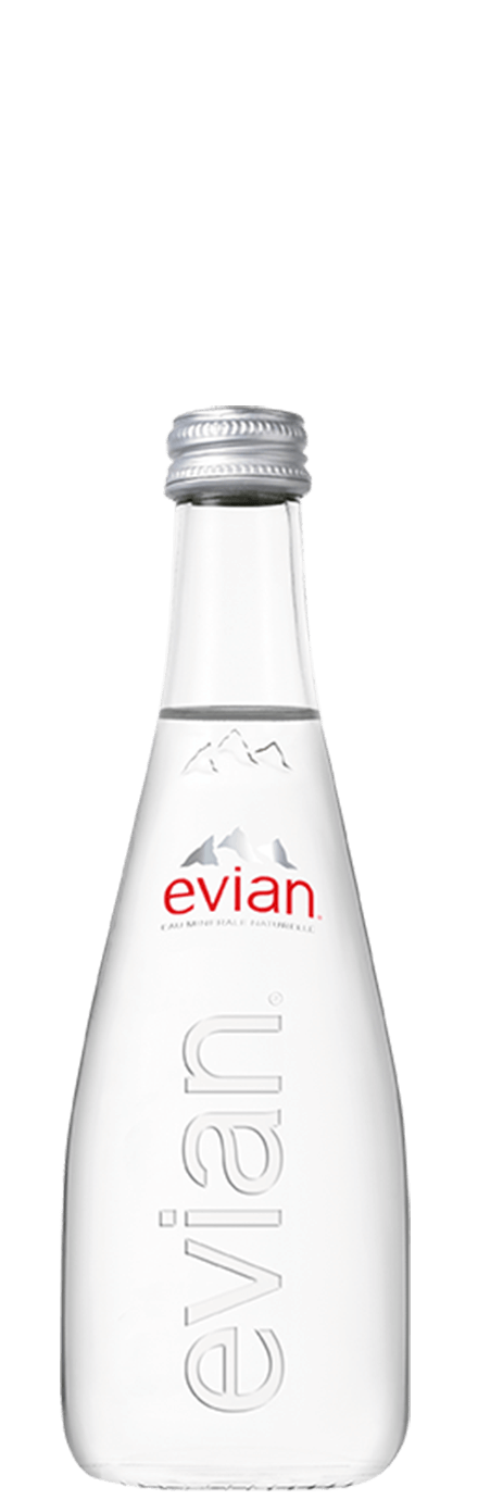 Glasflaschensortiment-33cl-Mineralwasser-evian Das Glasflaschensortiment: das natürliche evian Mineralwasser in Glasflaschen 33cl