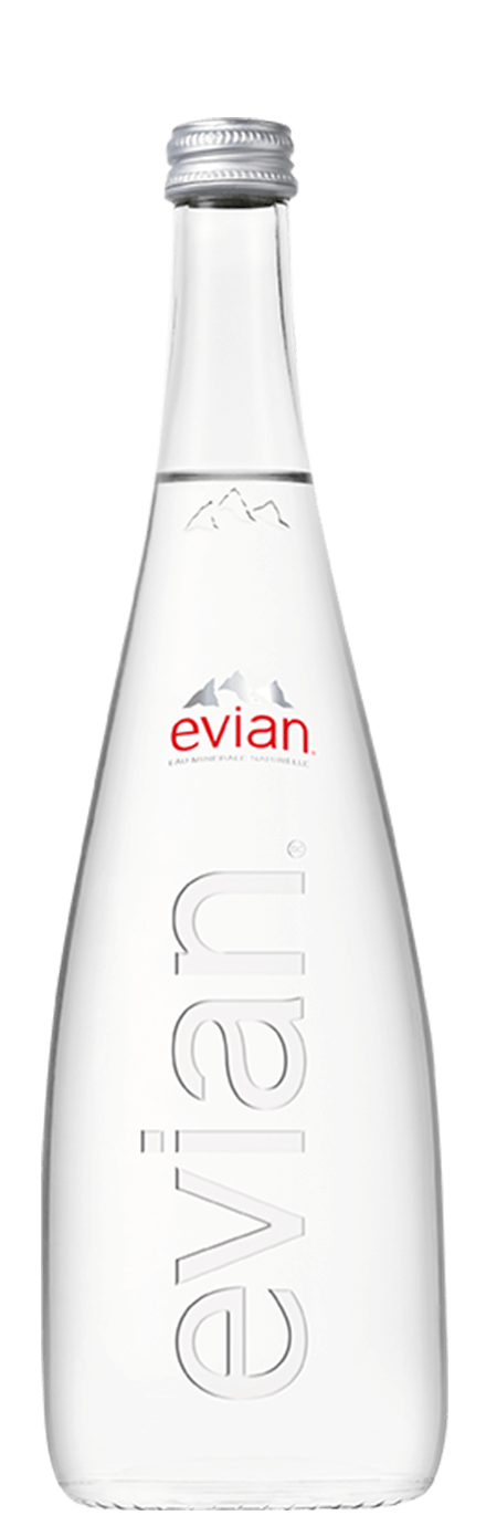 Glasflaschensortiment-75cl-Mineralwasser-evian Das Glasflaschensortiment: das natürliche evian Mineralwasser in Glasflaschen 75cl